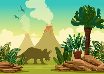 Vector nature illustration with ancient animals and plants. Prehistoric landscape with dinosaurs - triceratop and pterodactyls, erupting volcano, green plants and stones © Natali Snailcat