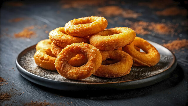 Golden crispy picarones stacked high on black ceramic plate, sweet fried dough rings dusted with cinnamon sugar create delicious crispy picarones snack.