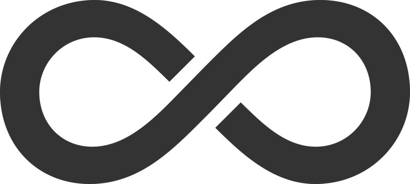 A simple, dark gray infinity symbol is centered on a black background, representing endlessness and eternity