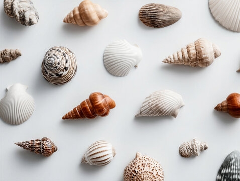 grid layout of shells from all over the world neatly arranged on a white background
