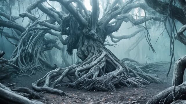 Ancient gnarled tree with twisted roots in misty forest. Static wide shot.
