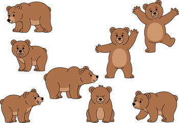 Fototapeta premium A brown bear cartoon illustration set in various poses and expressions