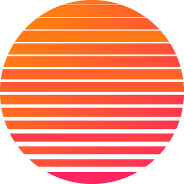 A stylized, geometric sunset with vibrant orange and pink gradient lines creating a retro-futuristic horizon effect