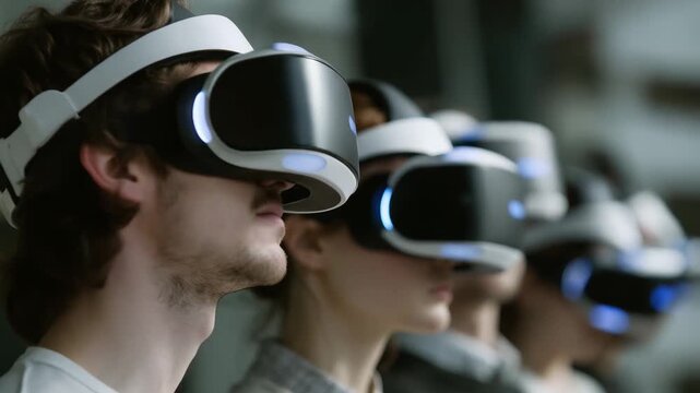 Groups of people use virtual reality headsets in a modern setting during a technology event
