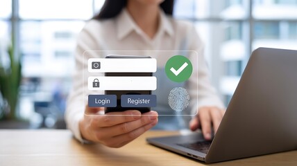 Businesswoman approving login on laptop with digital checkmark success concept in office