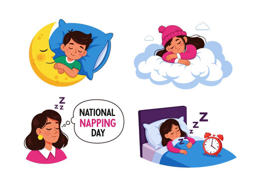 National napping day illustration with four cartoon characters sleeping