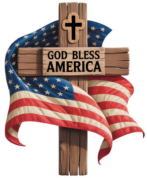 Patriotic christian cross with waving american flag and god bless america message isolated on transparent background