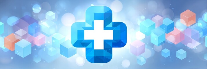 Obraz premium Modern digital backdrop featuring central blue cross, colorful 3D cubes, soft bokeh, ideal for technology branding and creative presentations