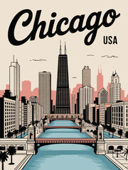 Obraz premium Chicago USA Poster, Black and White Skyline Illustration with Elegant Cursive Typography Vintage Travel Design