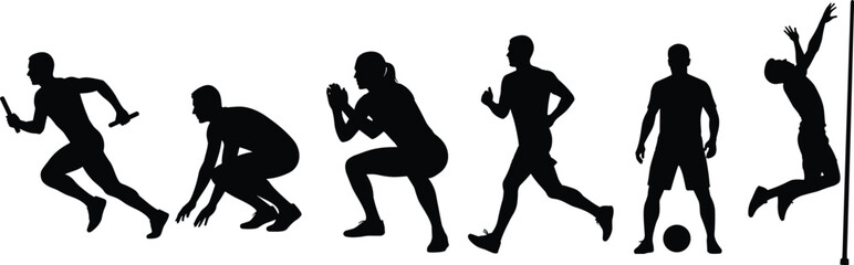 Athlete silhouettes collection, men performing sports and fitness actions, black human figures set for training, movement, exercise, vector design