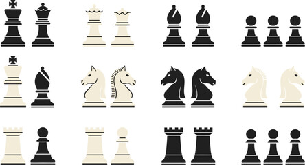 Chess pieces set black and white king queen rook bishop knight pawn silhouettes vector illustration © Md