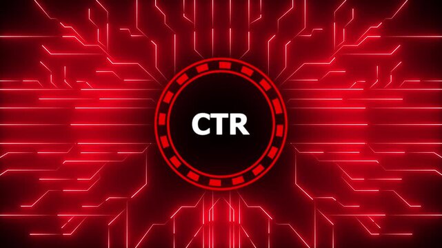 CTR (Click-through rate) banner and concept. Letters on bright colorful background. Minimal aesthetics. Digital Data moving on Circuit Board and CPU . Computer Processing and organizing data.4k