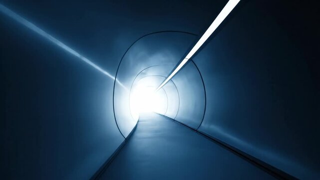 A modern blue illuminated tunnel with light at its end