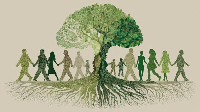 Conceptual green illustration symbolizing unity, community, and environmental harmony through human-tree fusion and collective support
