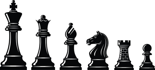 Chess pieces silhouette collection with king queen bishop knight rook and pawn, black strategy game icons for leadership concepts © Md