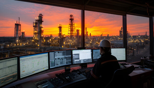 Refinery control room overlooking plant at sunset