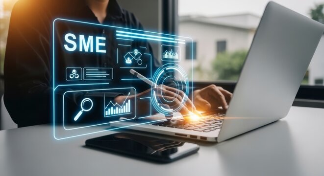 Professional using digital tools to analyze small business performance metrics on a laptop.