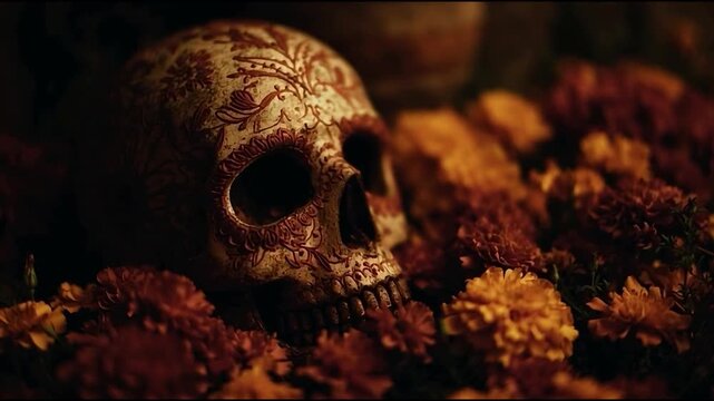 Decorated sugar skull surrounded by marigold flowers in warm light. Traditional D&iacute;a de Muertos altar scene celebrating remembrance, culture, and the beauty of life and death.