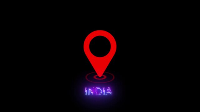 Neon India text animation with red map pin icon on black background - Travel and destination concept for India