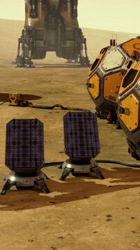 Habitat modules are set up on the barren Martian landscape, surrounded by solar panels that provide energy. A spacecraft is visible in the background, indicating ongoing exploration and research.