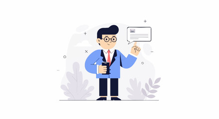 A person in a suit holds a phone and points to a speech bubble