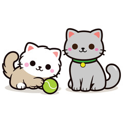 Two cute cartoon cats one white and tan with a tennis ball the other grey with a collar kitten