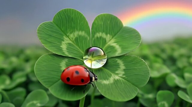 Ladybug crawling on four-leaf clover with dew drop and rainbow background. Panning close-up shot.