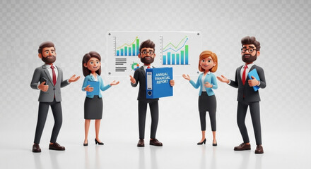 Business team presenting annual financial report with graphs