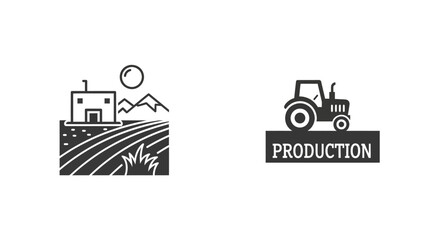 Obraz premium Farm Production Tractor and Field Icon Set.