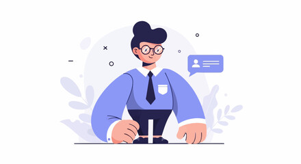 A stylized character in a blue shirt and tie stands with a chat bubble