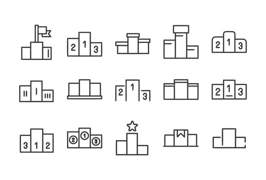 Collection of podium icons representing victory and achievement, including first second third place winners and competition success on white background, vector illustration set.