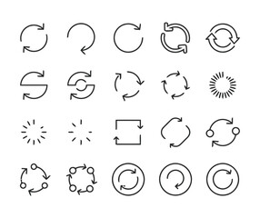 Diverse array of refresh and reload icons in outline vector style, depicting circular arrows, loading spinners, and repetitive actions for interface elements