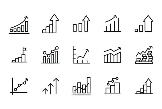 Fifteen financial and business growth chart line art icons showing bar graphs line charts and upward trends on white background vector illustration