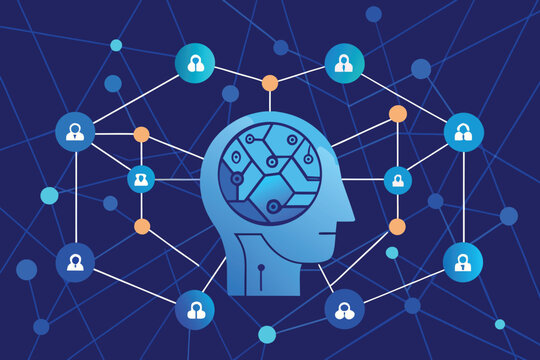 A vector graphic illustration of a human head with a network of connections and locks