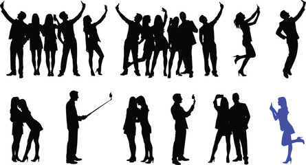 Fototapeta premium People celebration silhouette collection with dancing crowd and taking selfies, party lifestyle figures set, fun, joy and social media concepts