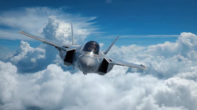 Military jet flies through clouds over the ocean in a bright blue sky during daytime
