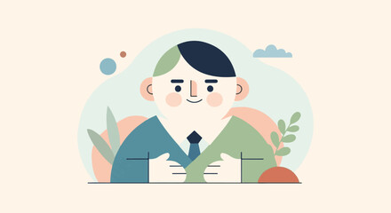 A charming, stylized illustration of a person in business attire against a soft pastel background with abstract shapes and leaves