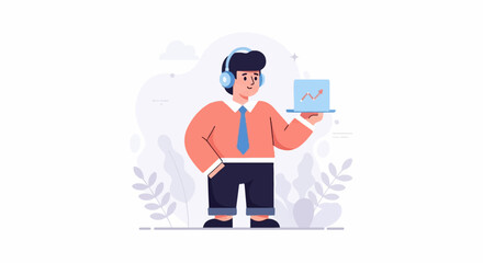 Person in headphones holds laptop showing upward trending graph