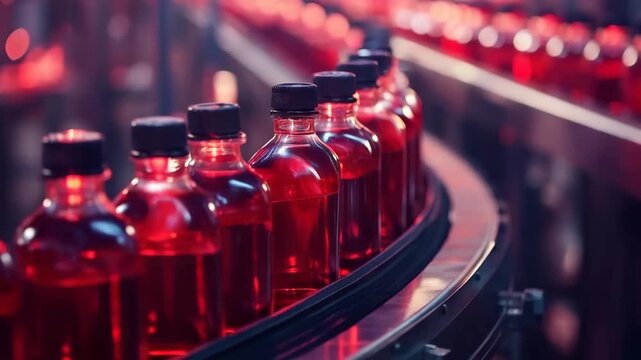 Bottles of red liquid move along conveyor belt in manufacturing plant during morning hours