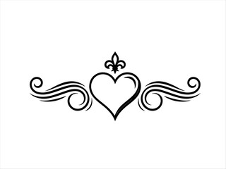 Symmetrical black motif featuring central heart with fleur‑de‑lis above and swirling lines, romantic and classical design for tattoos, prints, or decorative art © Formless Ink