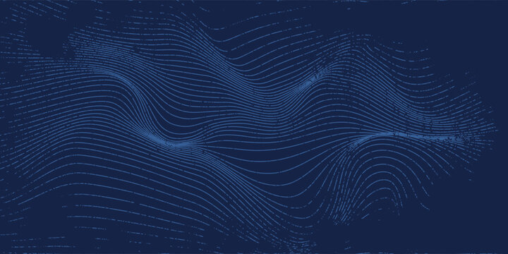 Navy blue abstract background with halftone wavy smooth pattern. Small spot light box. Curve line, cosmic galaxy space. Festive BG for social media, birthday party invitation
