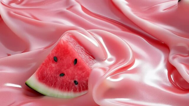 Delicious fresh watermelon slice on creamy pink texture at a summer gathering in a backyard