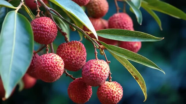 Fresh lychee fruit growing on trees in tropical garden in summer season at sunset