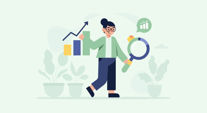 Stylized graphic of a person examining data charts with a magnifying glass