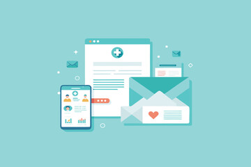 A vector graphic illustration of a medical email concept with a phone and computer