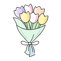Fototapeta premium Colorful tulip bouquet wrapped in paper with ribbon decoration 