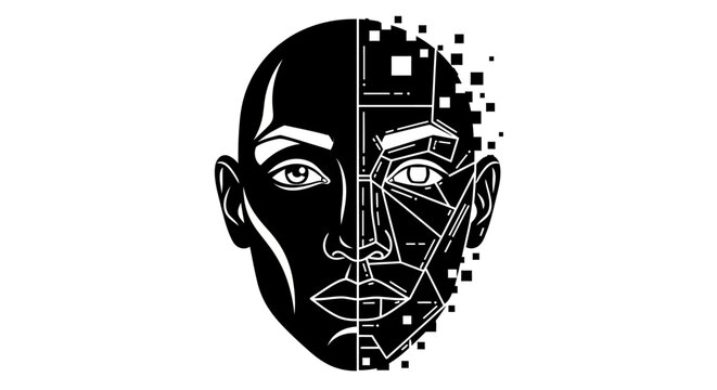 Humanoid face split into digital pixels and geometric structure