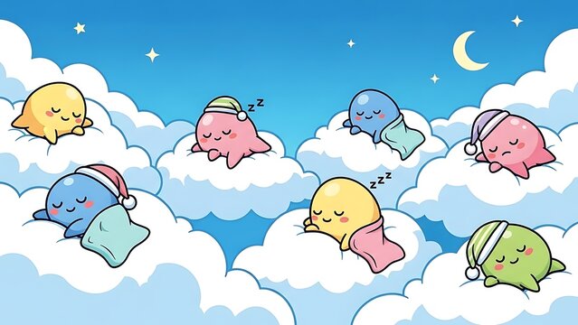 Easter monday cartoon characters sleeping on clouds under starry night sky