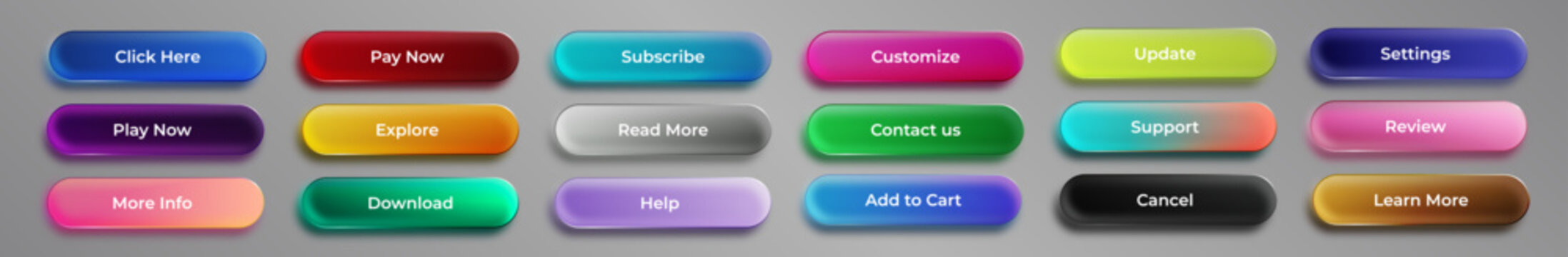 Glossy glassmorphism web button set with vibrant colorful gradients for UI UX interface design, Editable AI file