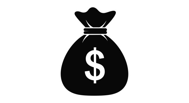 A stark black silhouette of a money bag prominently displaying a dollar sign highly symbolic silhouette high quality